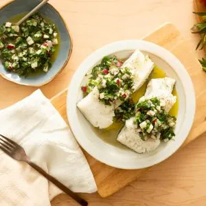 Keto Air Fryer Sea Bass with Radish Italian Salsa Verde