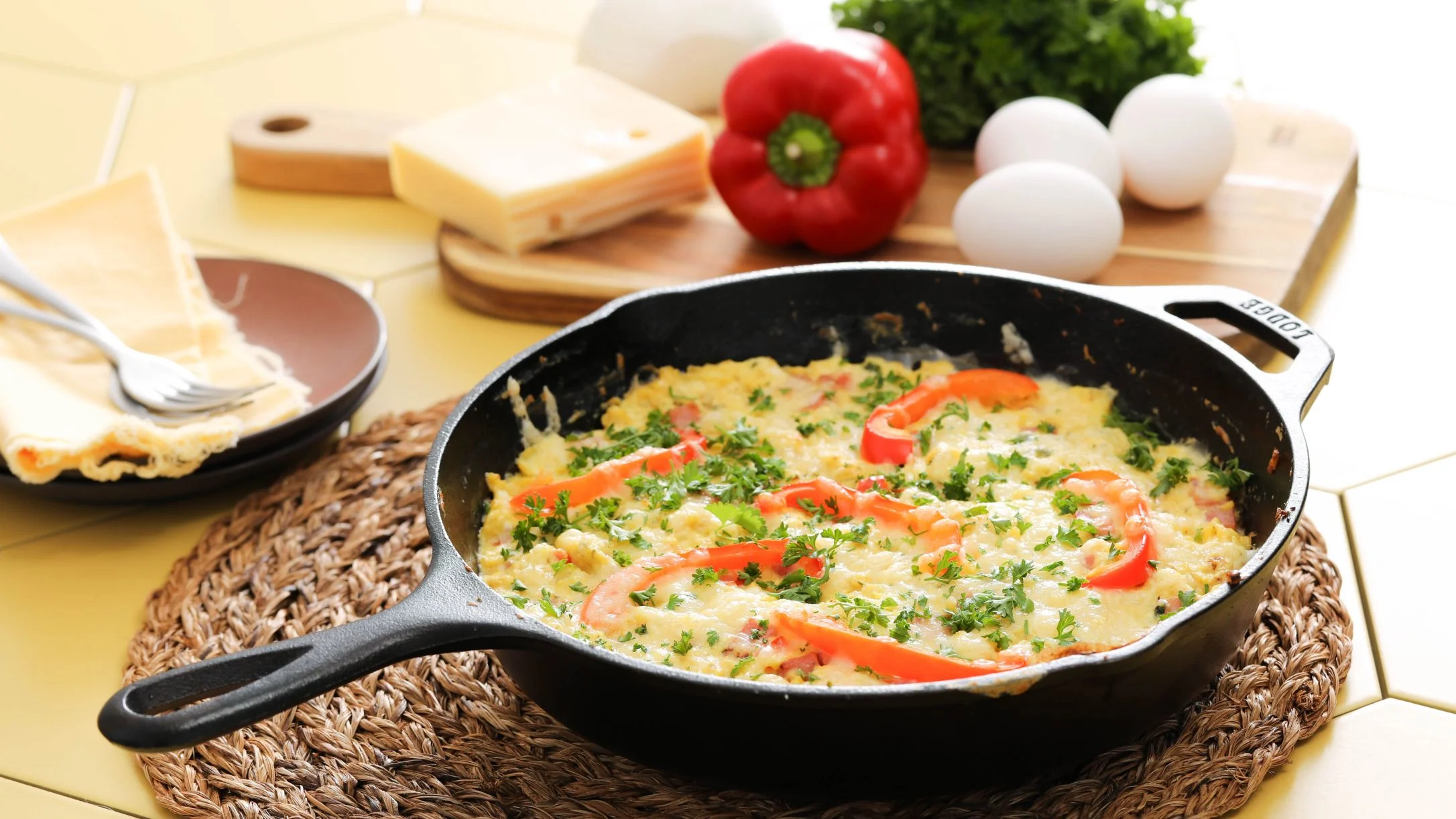 A cast iron skillet frittata with red bell peppers and fresh herbs, surrounded by eggs, cheese, and a whole red pepper.