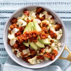 Keto Chicken Chorizo and Cauliflower Saute with Cheese and Salsa