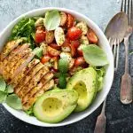 Grilled Chicken Breast with Avocado, Cheese and Tomato Salad