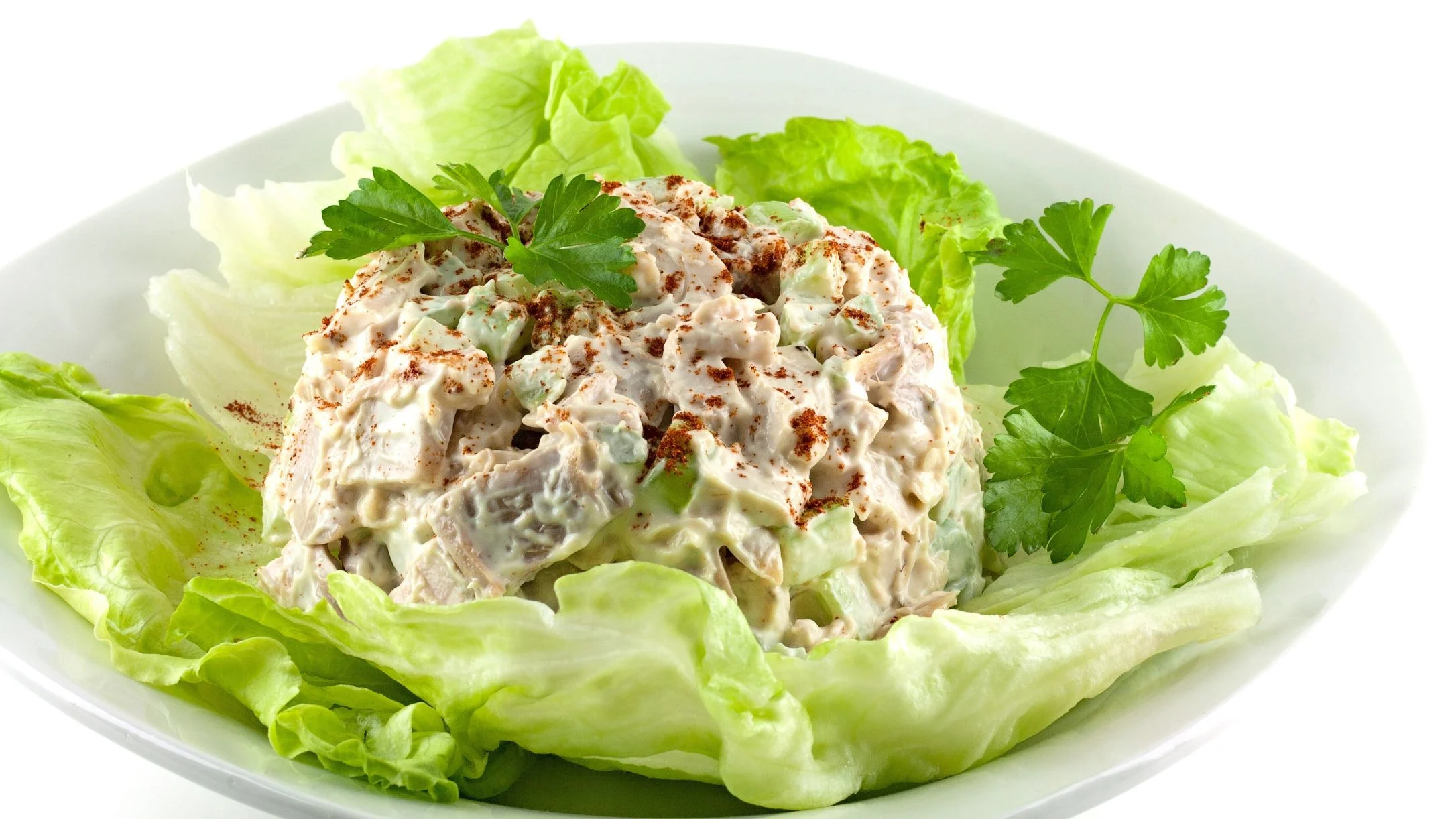 A mound of creamy chicken salad dusted with paprika, garnished with parsley, served on fresh lettuce leaves on a white plate.