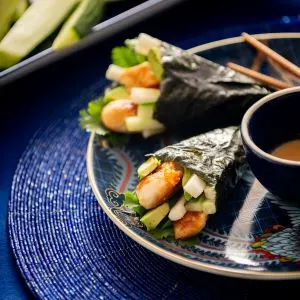 Asian Chicken Handrolls with Peanut Sauce