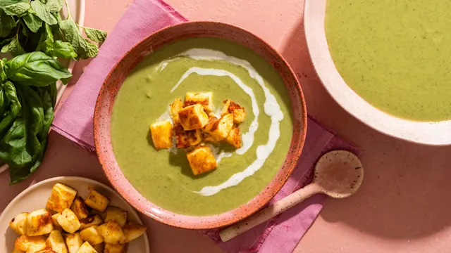 Low Carb Green Goddess Soup with Chili Crisp Halloumi Croutons