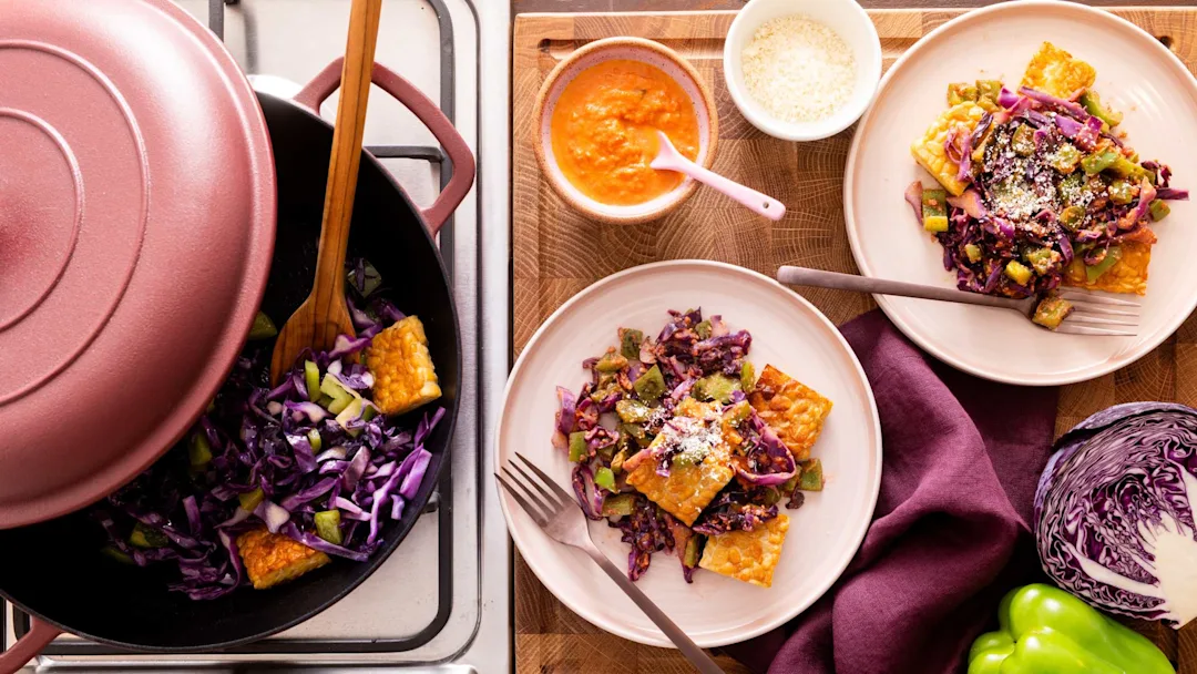 tempeh-green-pepper-and-cabbage-saute-with-romesco-sauce
