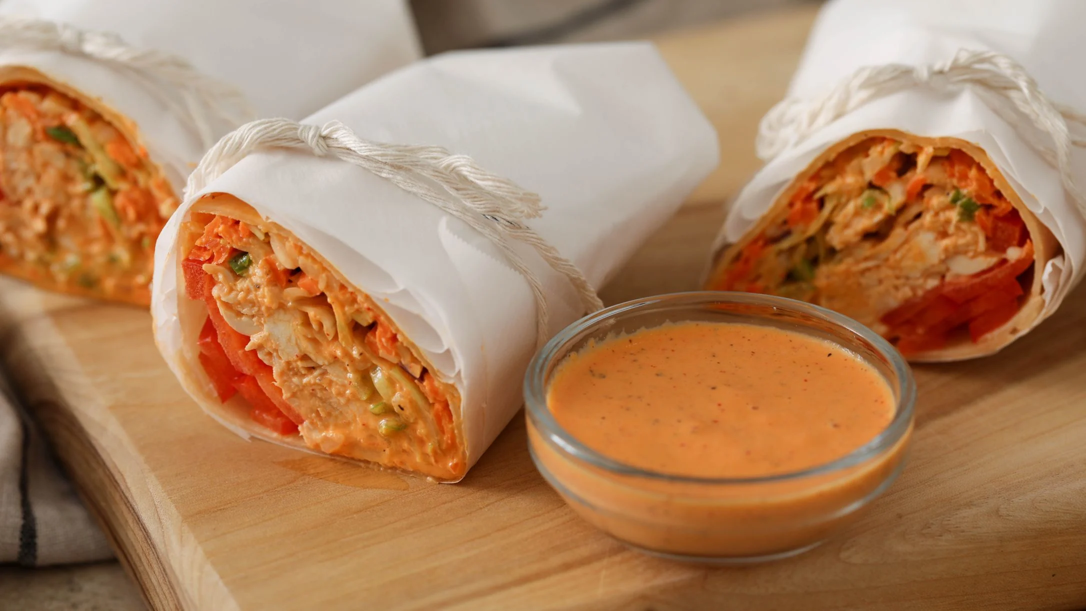 Chicken and vegetable wraps with creamy orange dipping sauce on wooden board, showing colorful fillings inside white tortillas.