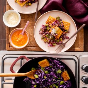 Tempeh, Green Pepper and Cabbage Sauté with Romesco Sauce Recipe | @Atkins