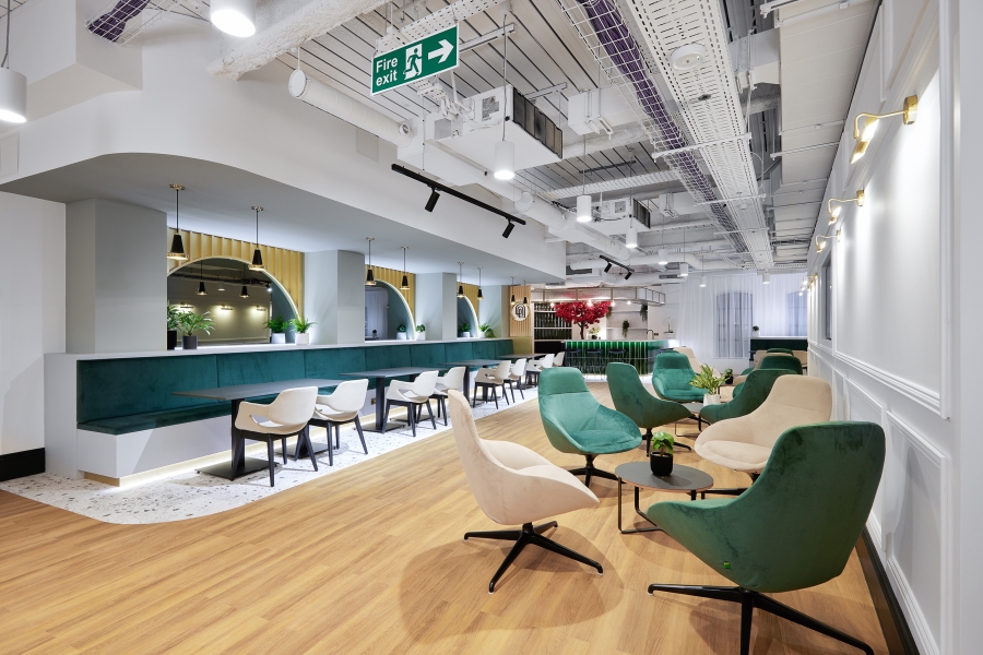 View of cafe and hot desk area on ground floor at Louisa Ryland House