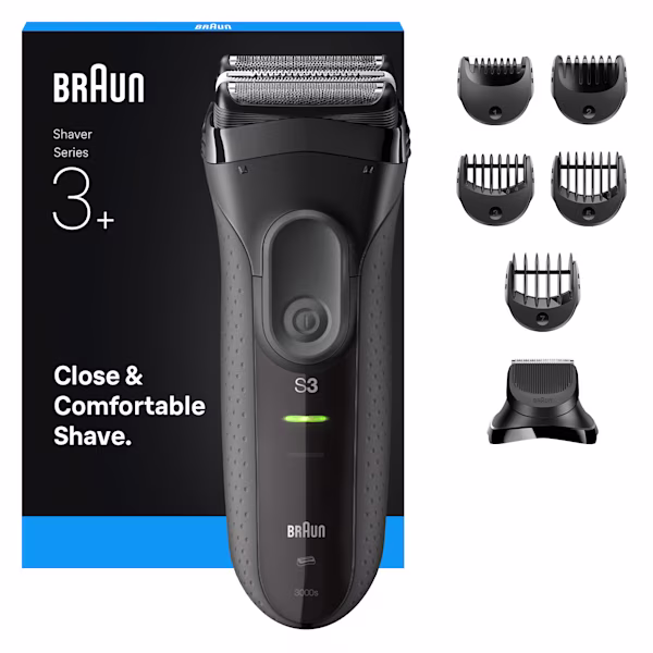 Aparat de ras Braun Series 3 3000BT cu mai multe accesorii. Text: bărbierit fin și confortabil. Aparat de ras Braun Series 3 3000BT cu mai multe accesorii. Text: bărbierit fin și confortabil.