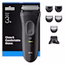 Aparat de ras Braun Series 3 3000BT cu mai multe accesorii. Text: bărbierit fin și confortabil.