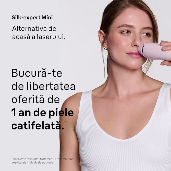 Imagine din timpul utilizării, cu o femeie folosind dispozitivul Braun Silk·expert Mini pe buza superioară. Imagine din timpul utilizării, cu o femeie folosind dispozitivul Braun Silk·expert Mini pe buza superioară.