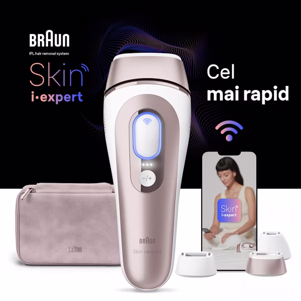 Dispozitiv IPL centrat, în spate o trusă de voiaj bej, un dispozitiv mobil cu aplicația Skin i·expert și trei accesorii Dispozitiv IPL centrat, în spate o trusă de voiaj bej, un dispozitiv mobil cu aplicația Skin i·expert și trei accesorii