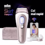 Dispozitiv IPL centrat, în spate o trusă de voiaj bej, un dispozitiv mobil cu aplicația Skin i·expert și trei accesorii Dispozitiv IPL centrat, în spate o trusă de voiaj bej, un dispozitiv mobil cu aplicația Skin i·expert și trei accesorii