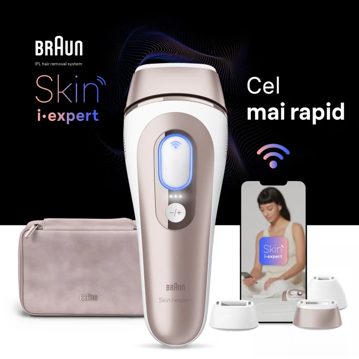 Dispozitiv IPL centrat, în spate o trusă de voiaj bej, un dispozitiv mobil cu aplicația Skin i·expert și trei accesorii