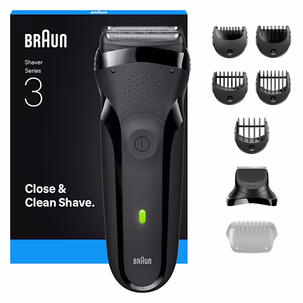 Aparat de ras Braun Series 3 300BT cu mai multe accesorii. Text: bărbierit fin și precis. Aparat de ras Braun Series 3 300BT cu mai multe accesorii. Text: bărbierit fin și precis.