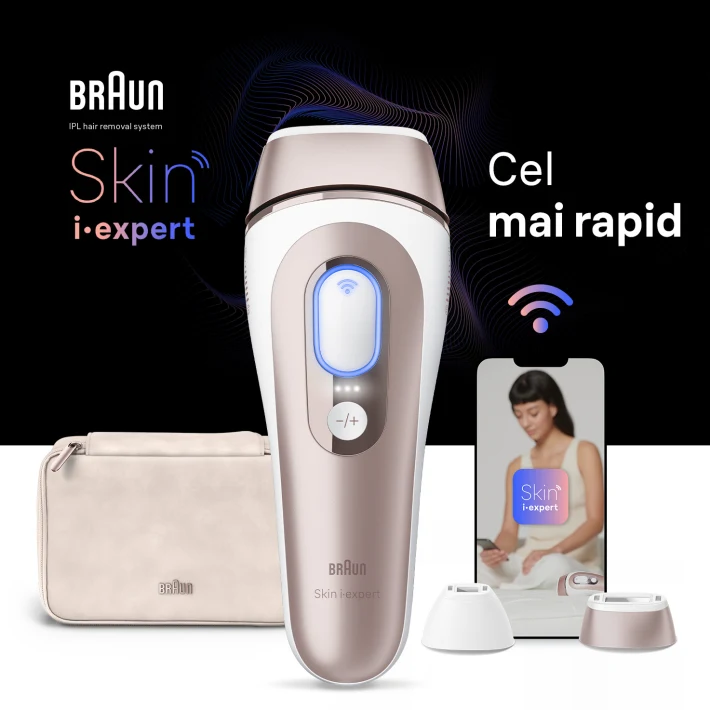 Dispozitiv IPL centrat, în spate o trusă de voiaj, un dispozitiv mobil cu aplicația Skin i·expert și două accesorii