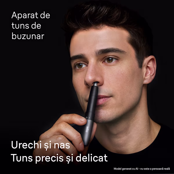 Bărbat care își tunde părul din nas cu aparatul de tuns pentru urechi și nas Braun. Bărbat care își tunde părul din nas cu aparatul de tuns pentru urechi și nas Braun.