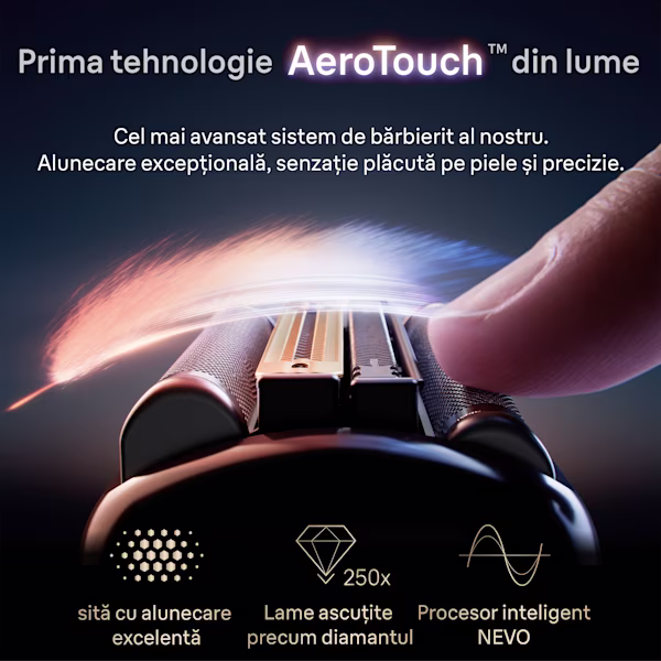 Deget atingând capul aparatului de ras Braun NEVO, prezentând tehnologia AeroTouch și alte beneficii. Deget atingând capul aparatului de ras Braun NEVO, prezentând tehnologia AeroTouch și alte beneficii.