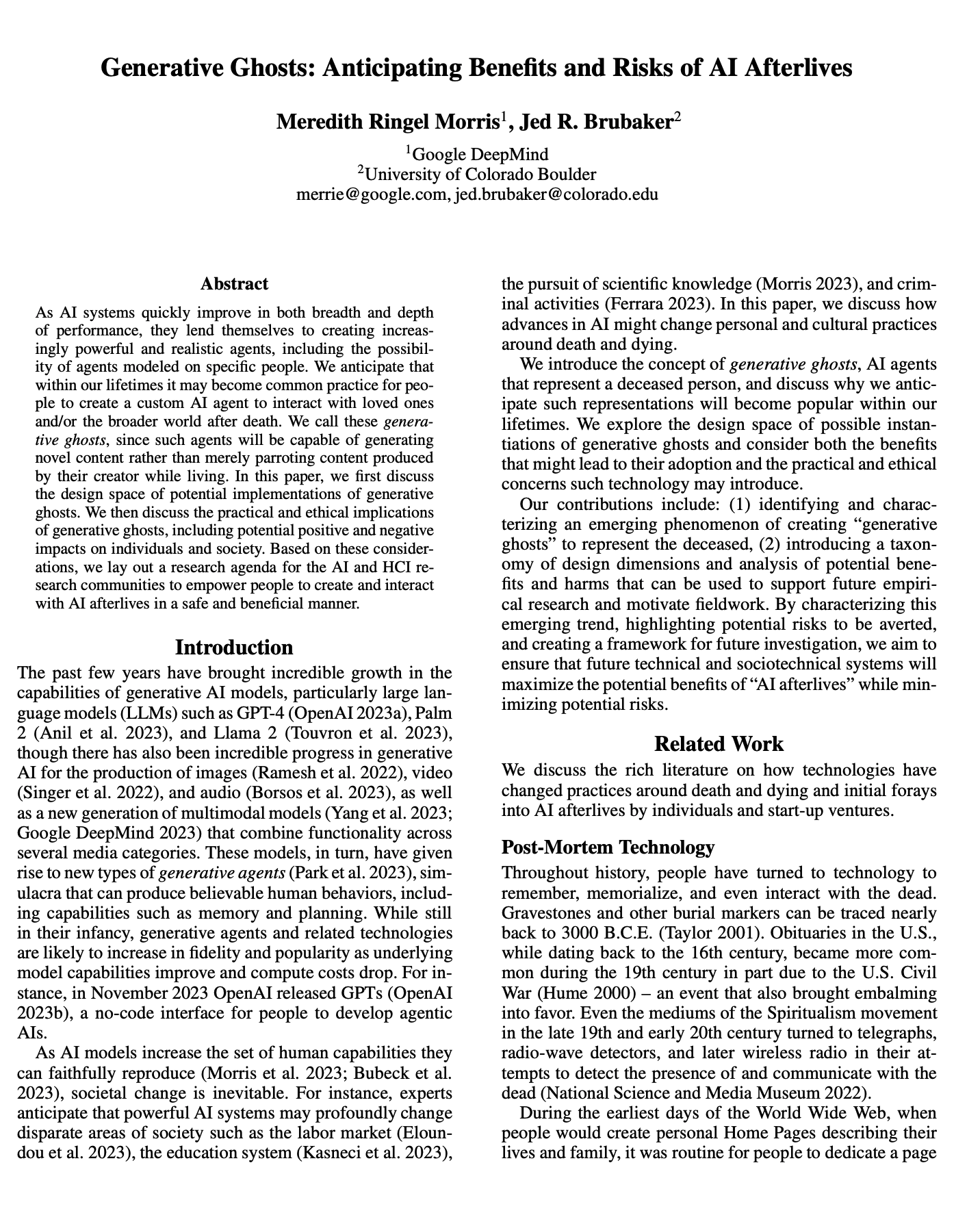 Generative Ghosts: Anticipating Benefits and Risks of AI Afterlives