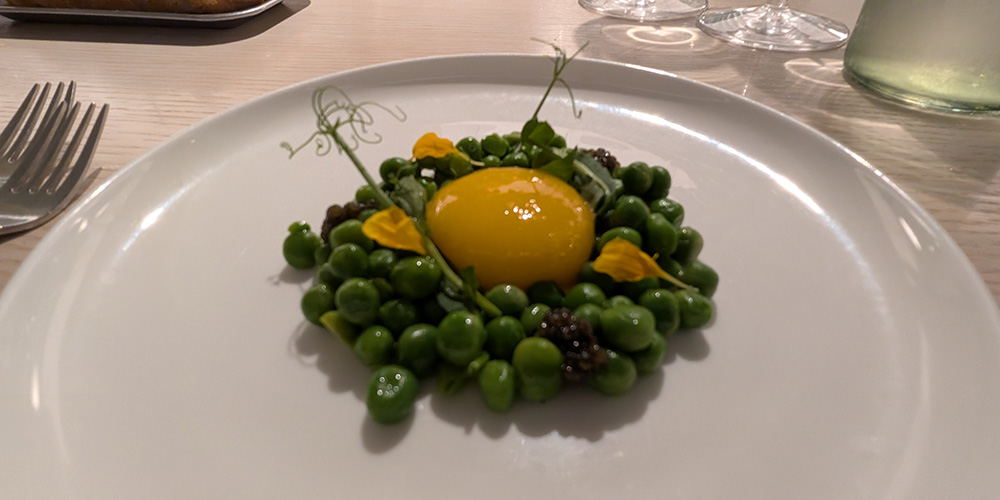 Smoked peas with egg yolk at the Virgin Voyages Test Kitchen