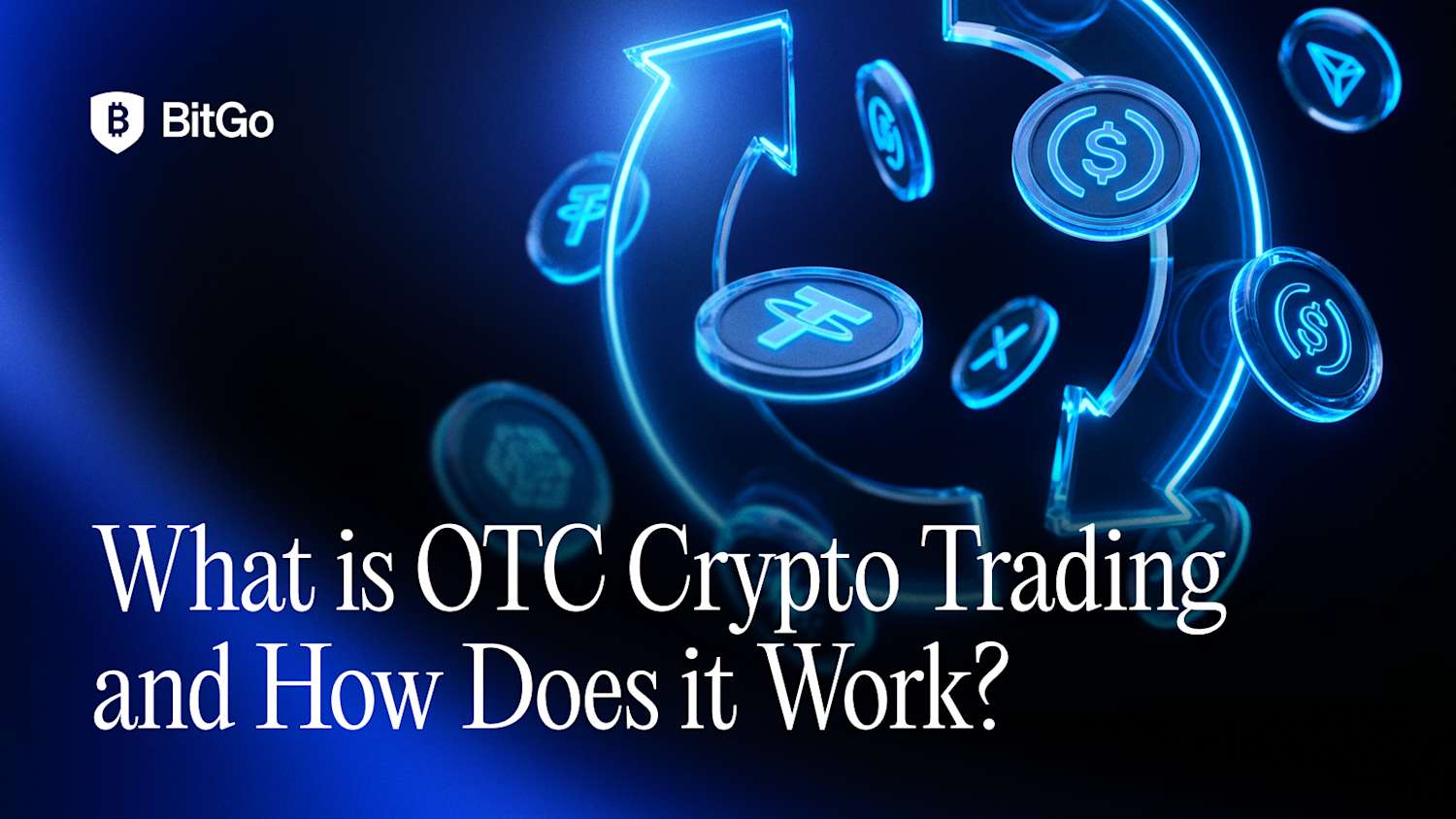 Digital assets and arrows illustrating OTC crypto trading