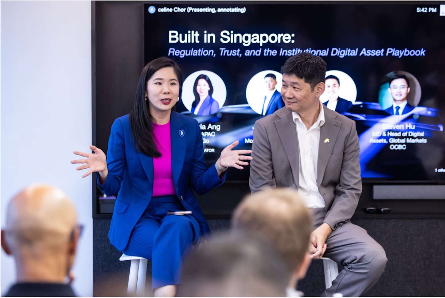 Angela Ang, Managing Director of APAC and President of BitGo Singapore, speaking on a panel at BitGo's Singapore office opening, part of a discussion on 'Built in Singapore: Regulation, Trust, and the Institutional Digital Asset Playbook.