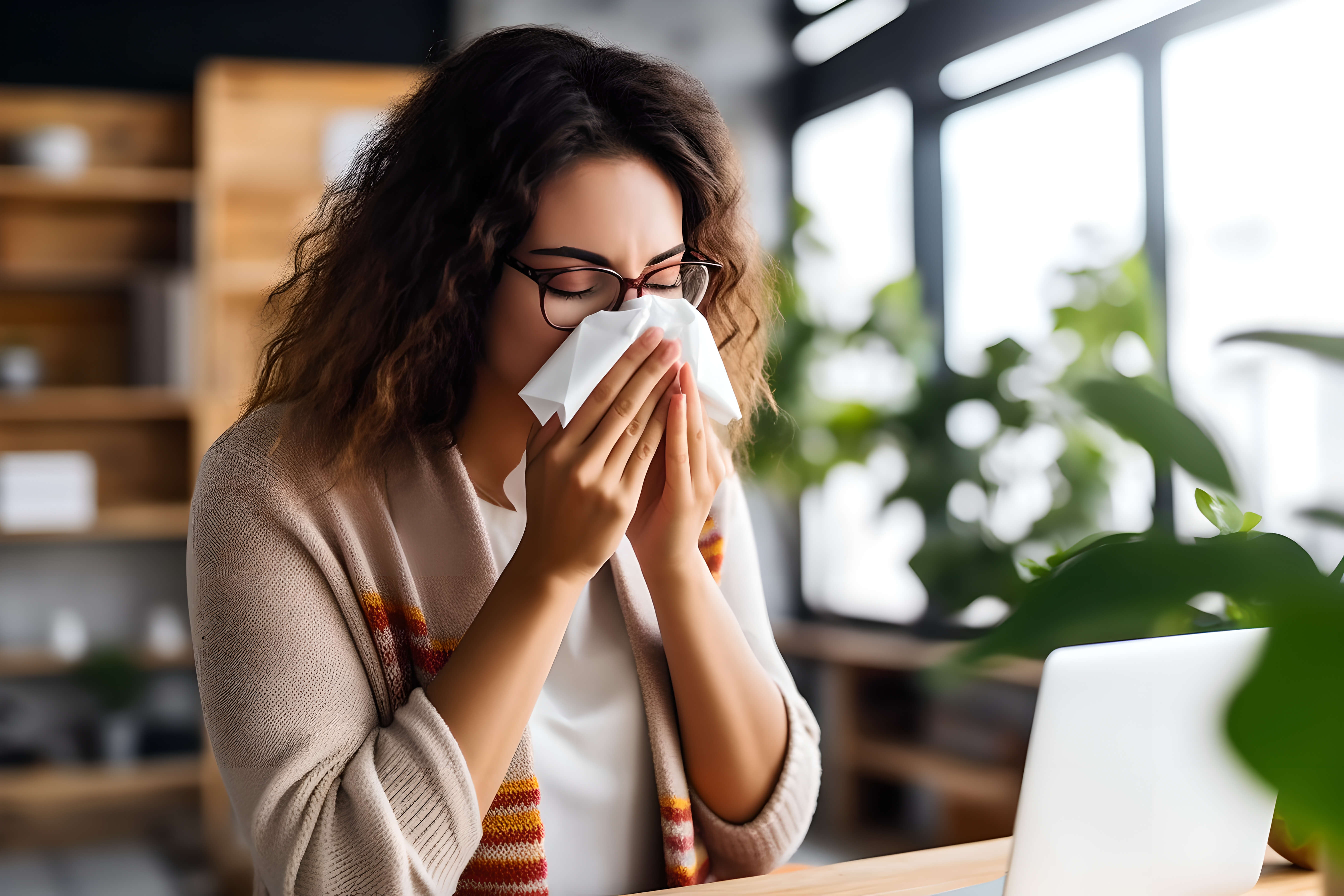 A woman is shown with her eyes closed, blowing her nose. She is sitting in an office space adorned with numerous plants in the background.