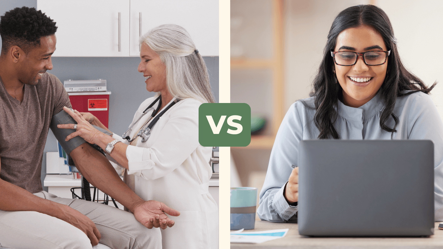 left side, doctor is putting blood pressure cuff on black male patient; right side, young woman is smiling at laptop