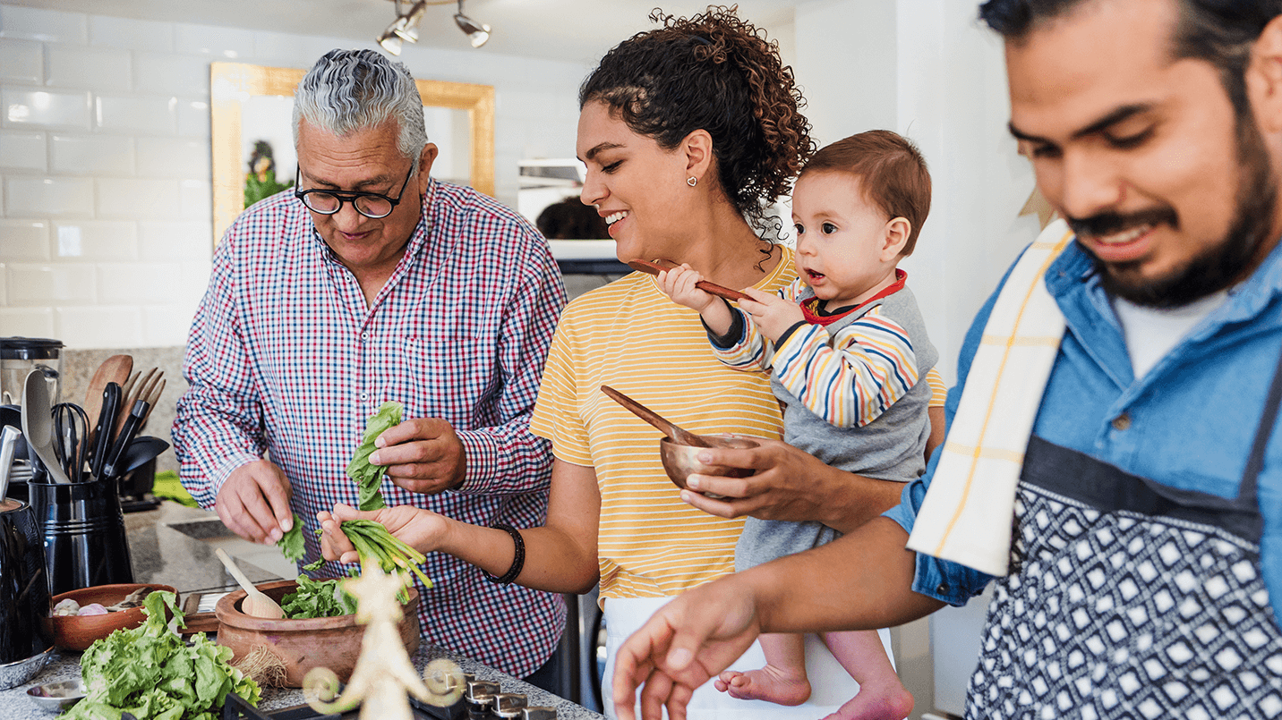 family making a healthy dinner together