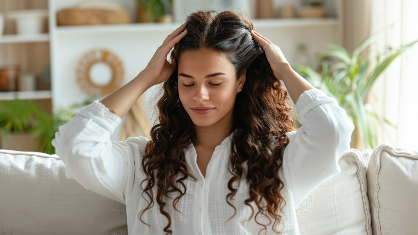 woman looking content and running her fingers through her healthy long hair