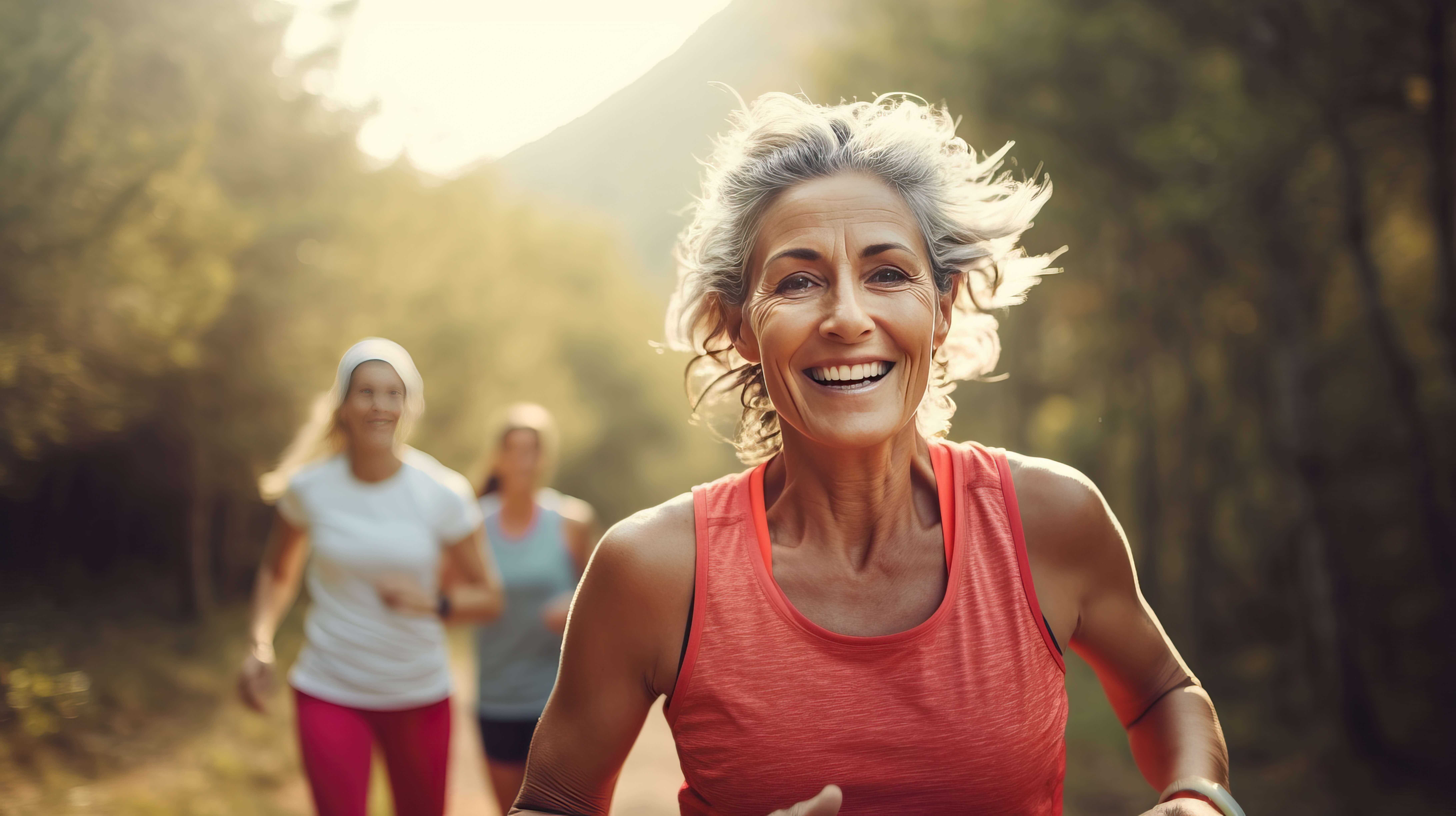 An older white woman running outside with a smiler on her face with two women also smiling and trailing behind. 