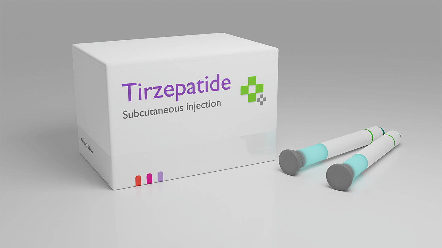 white compounded tirzepatide medication box and two injectors on a white background