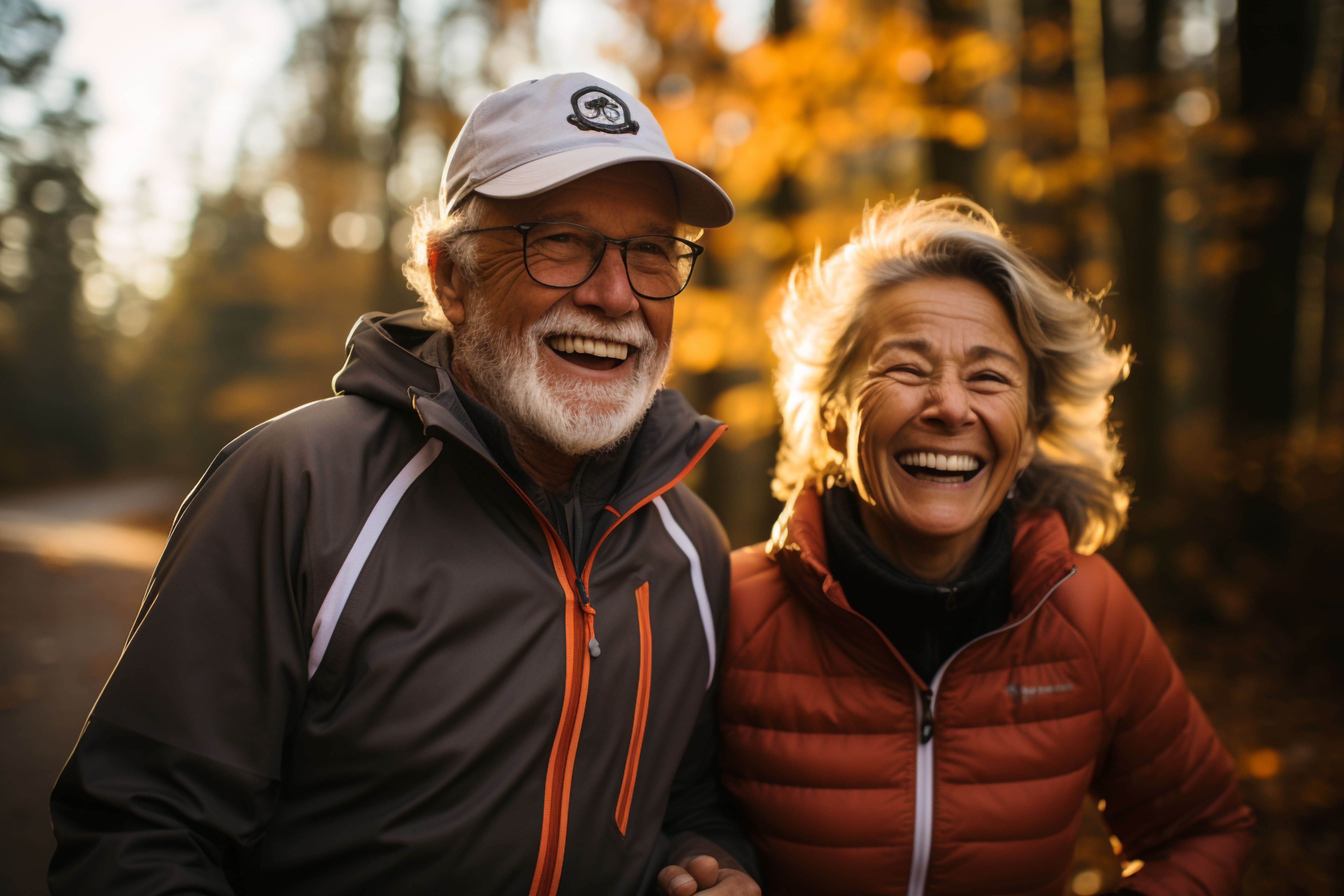 A older couple walking through the woods during Fall. They are smiling and laughing with each other. 