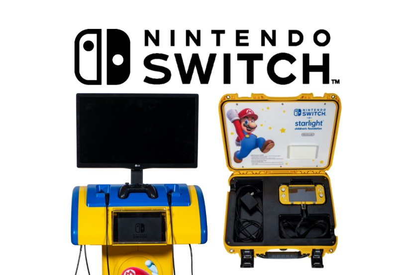 Nintendo Switch logo and gaming stations