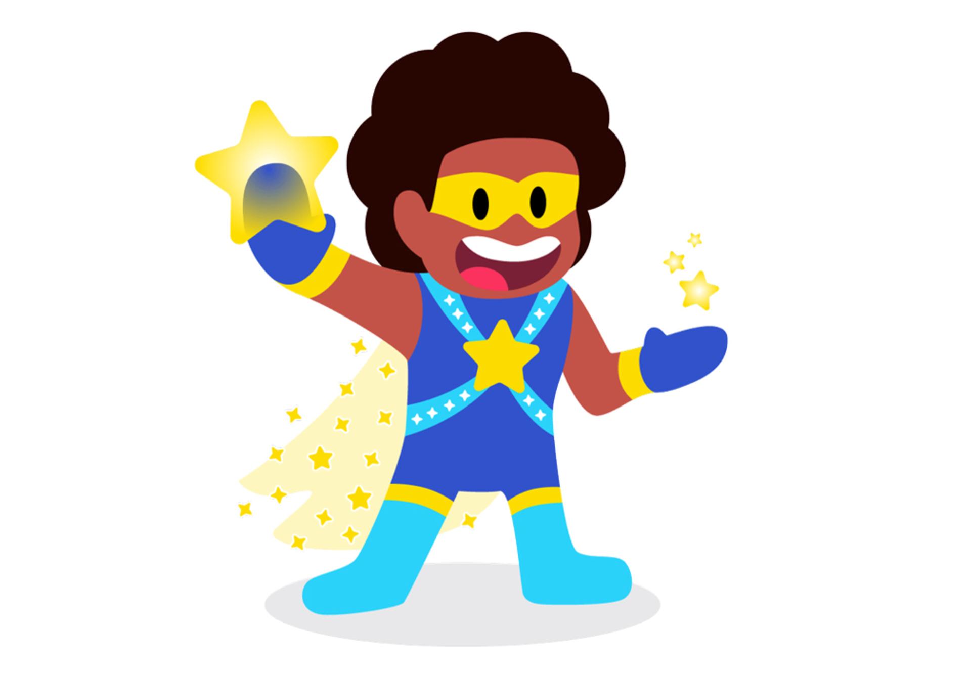 Illustration of Captain Starlight, in a cape and hero gear, and a big smile