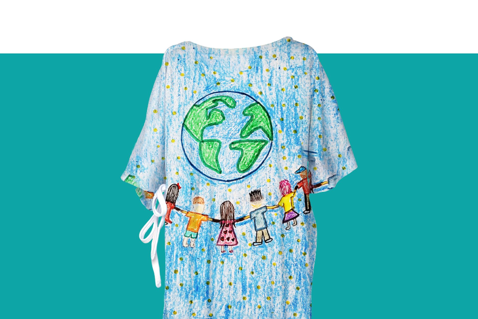Hospital gown with a circle of friends surrounding the earth