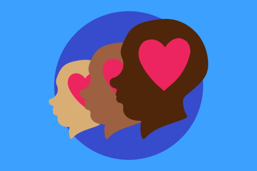 Illustration of different colored faces with hearts