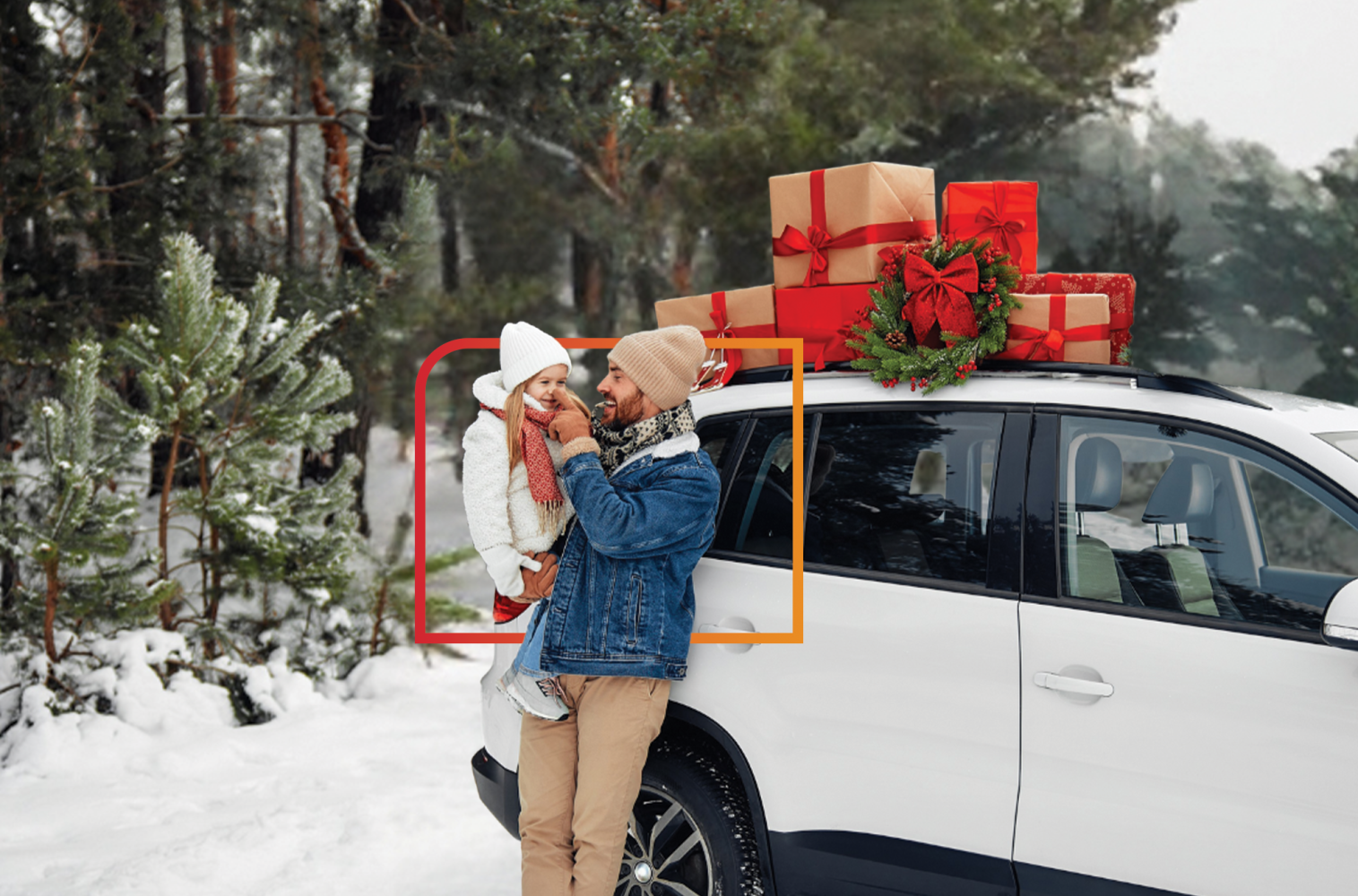 Man with child next to car in snow