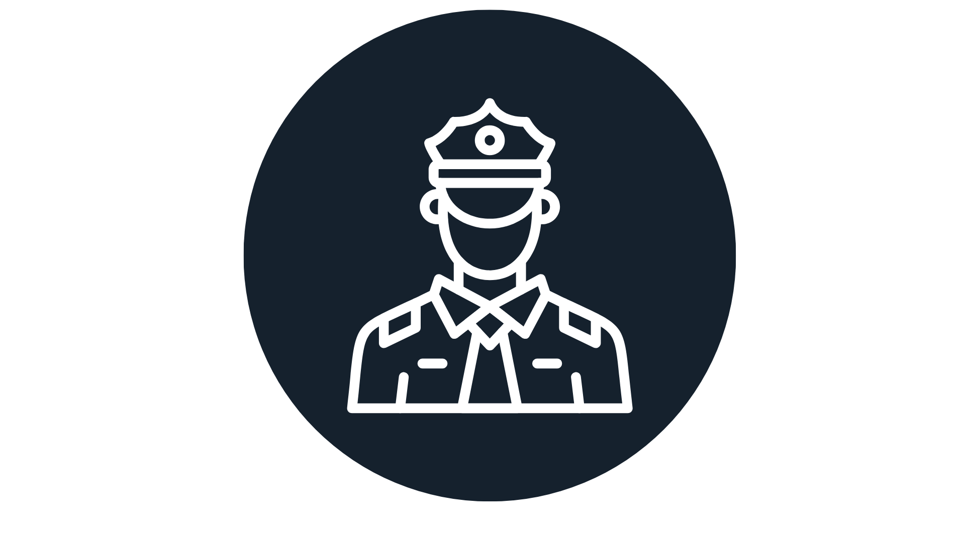 White line drawing of a police officer wearing a hat and uniform, centered on a dark circular background.