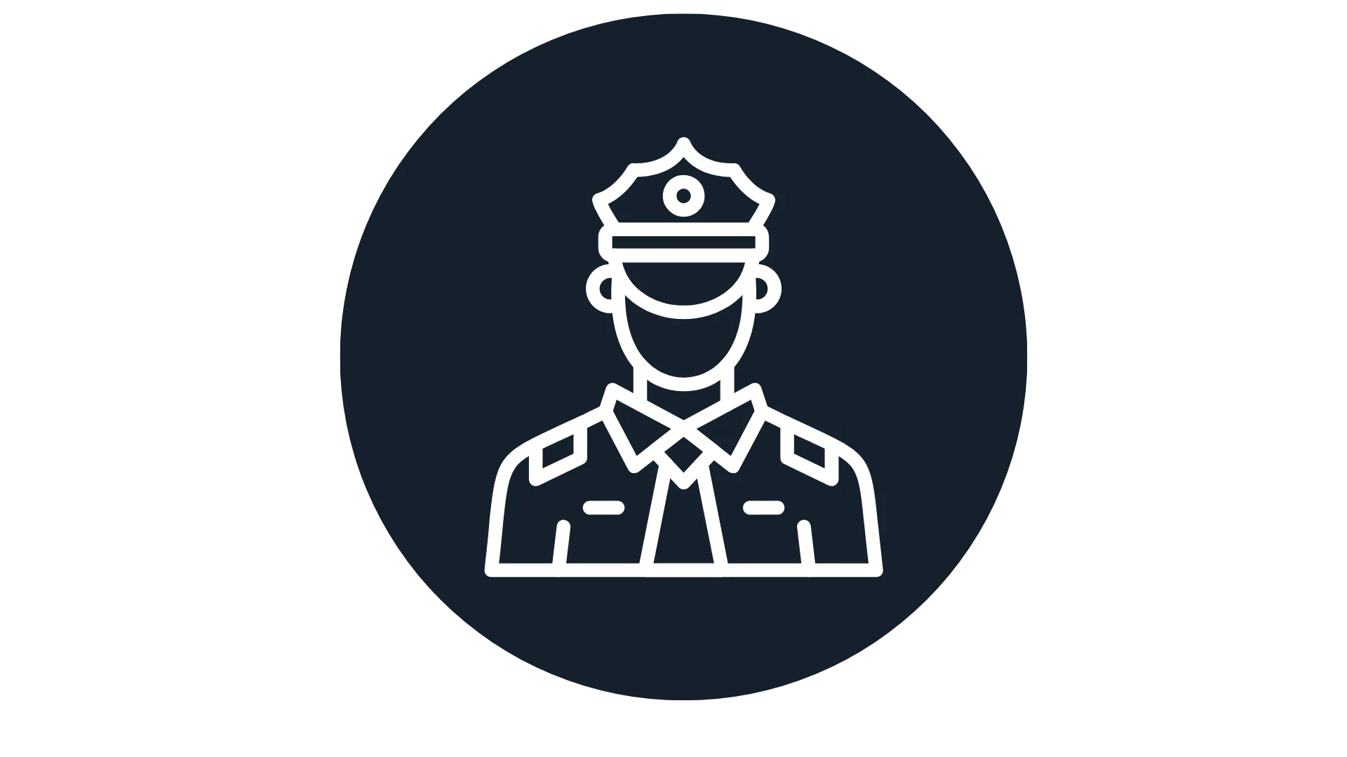White line drawing of a police officer wearing a hat and uniform, centered on a dark circular background.