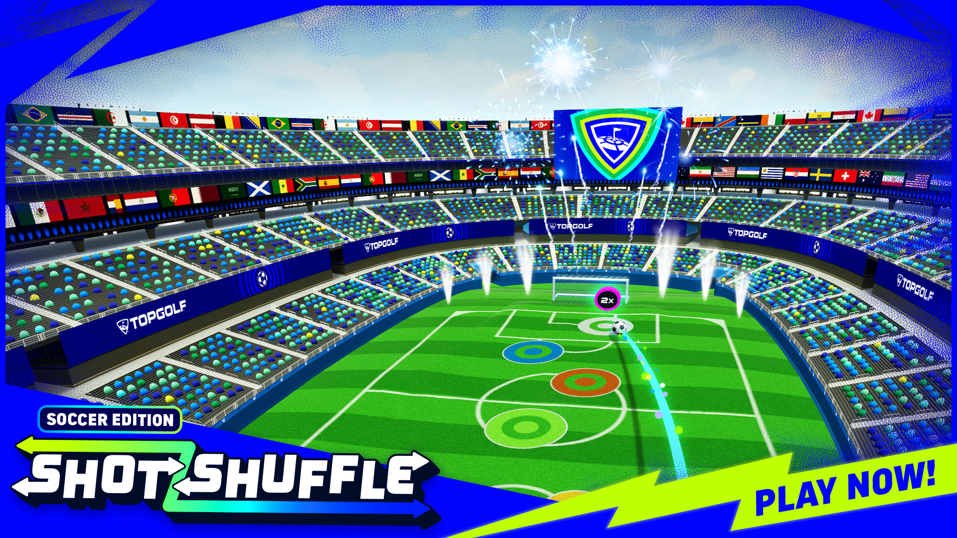 A colorful animated soccer stadium filled with fans, flags, and spotlights. Circular targets are on the soccer field. Text reads "SOCCER EDITION SHOT SHUFFLE" and "PLAY NOW!" in bold letters.