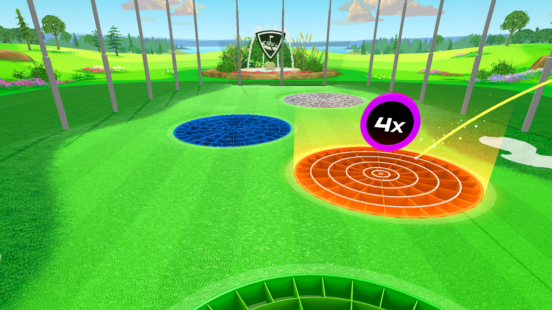A virtual golf game scene with colorful circular targets on a green field, including a highlighted orange target showing a "4x" multiplier. The sky is blue with scattered clouds and trees in the background.