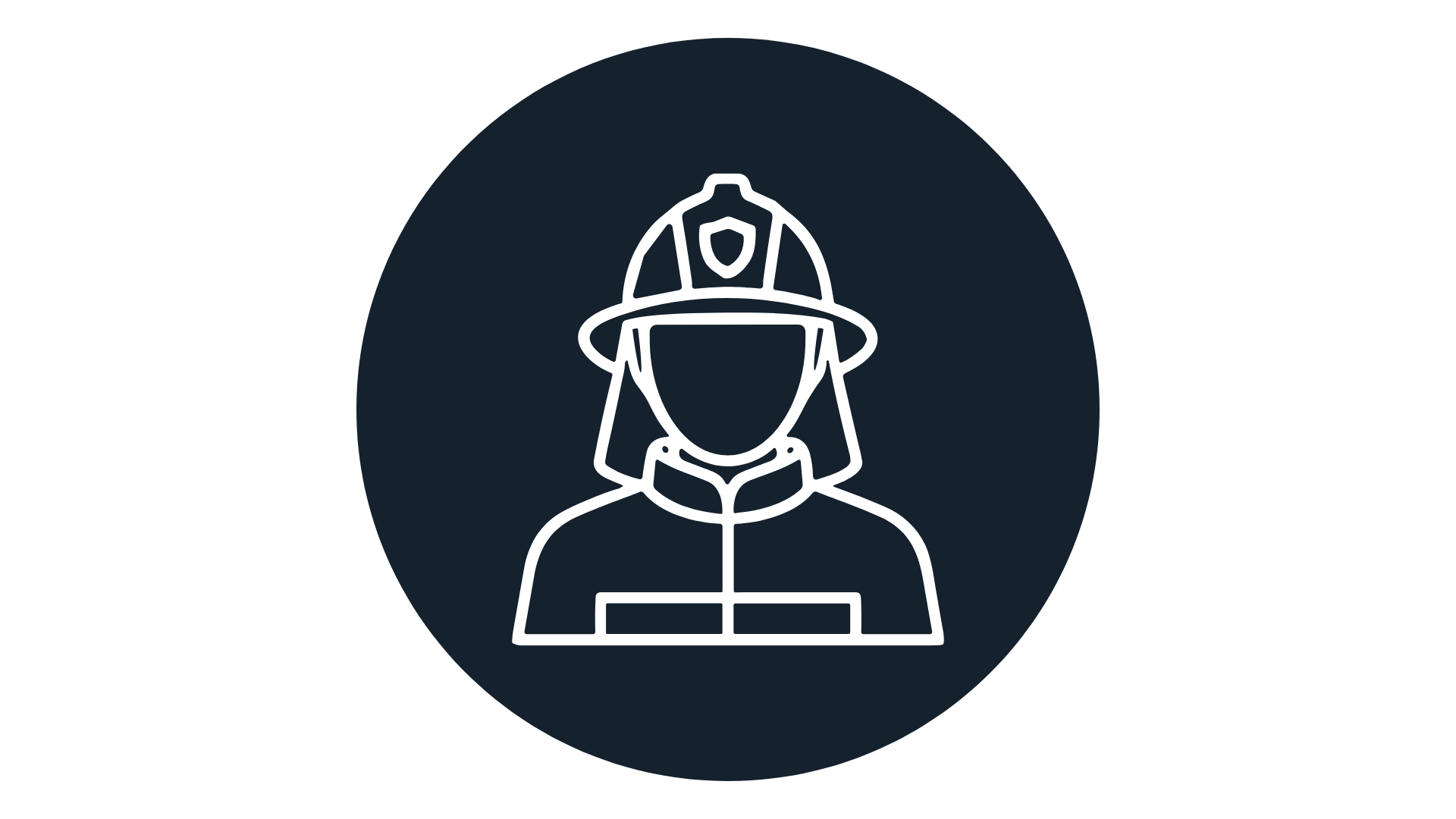 White outline of a firefighter wearing a helmet and uniform, centered within a dark circle on a light background.