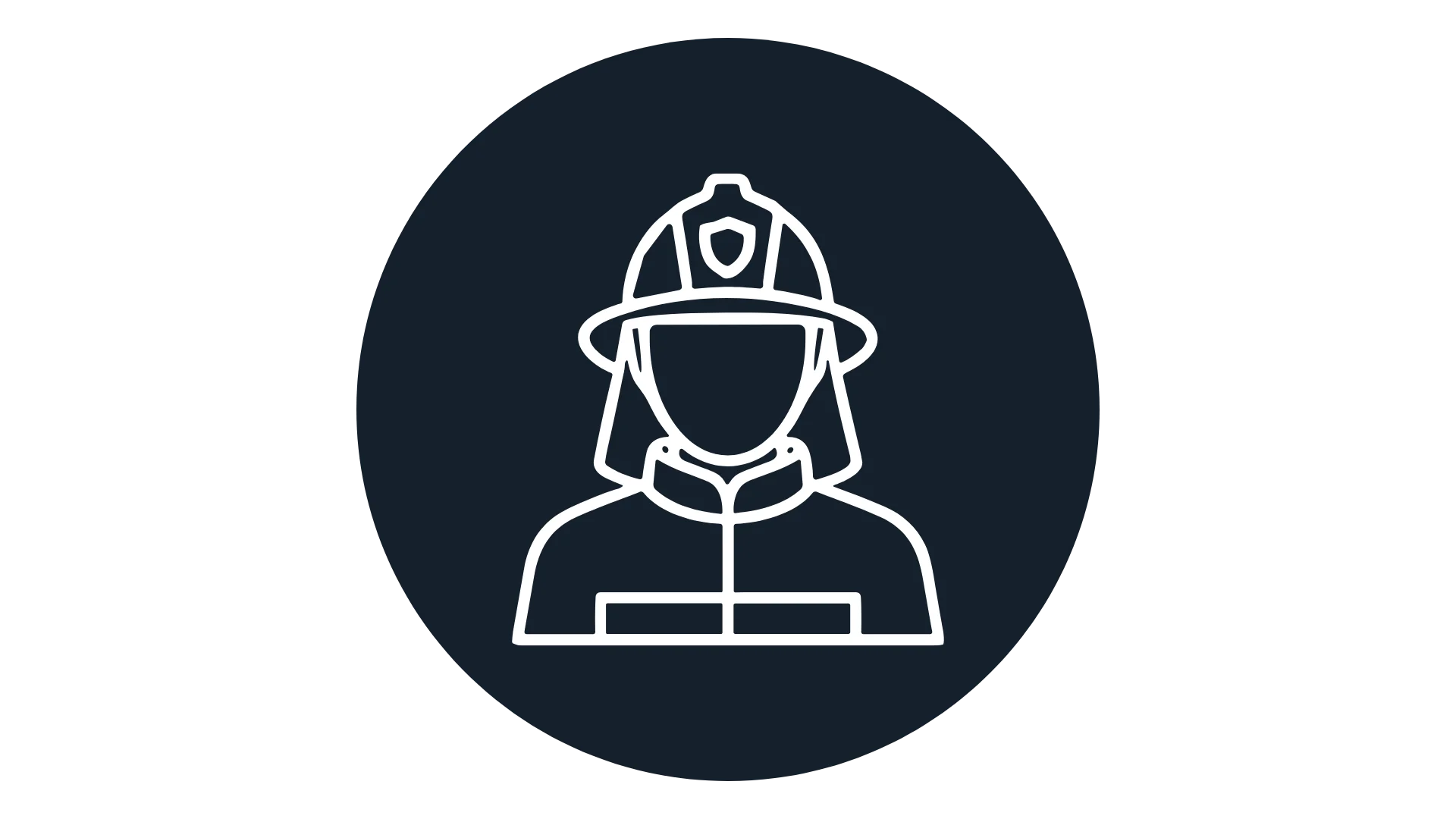 White outline of a firefighter wearing a helmet and uniform, centered within a dark circle on a light background.