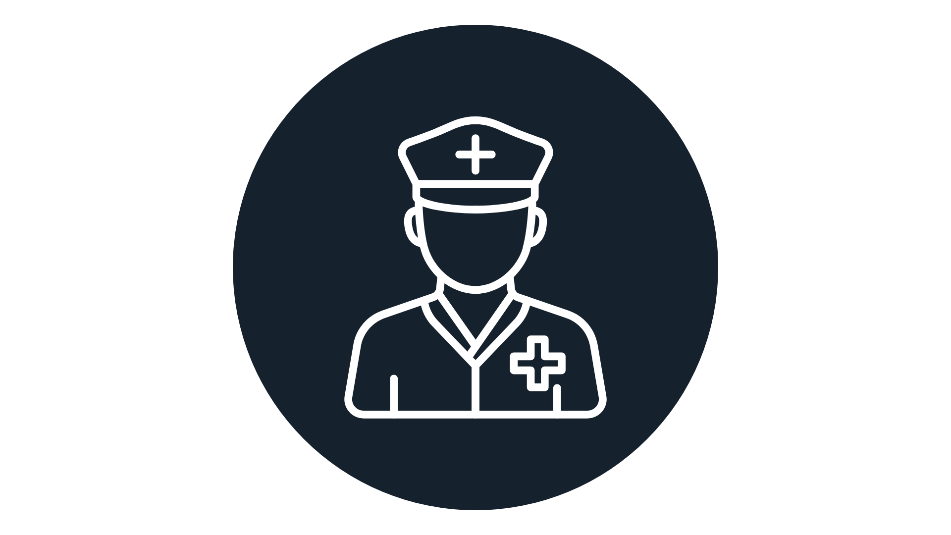 White line drawing of a nurse wearing a hat with a cross, and a uniform with a cross emblem, centered on a dark circular background.