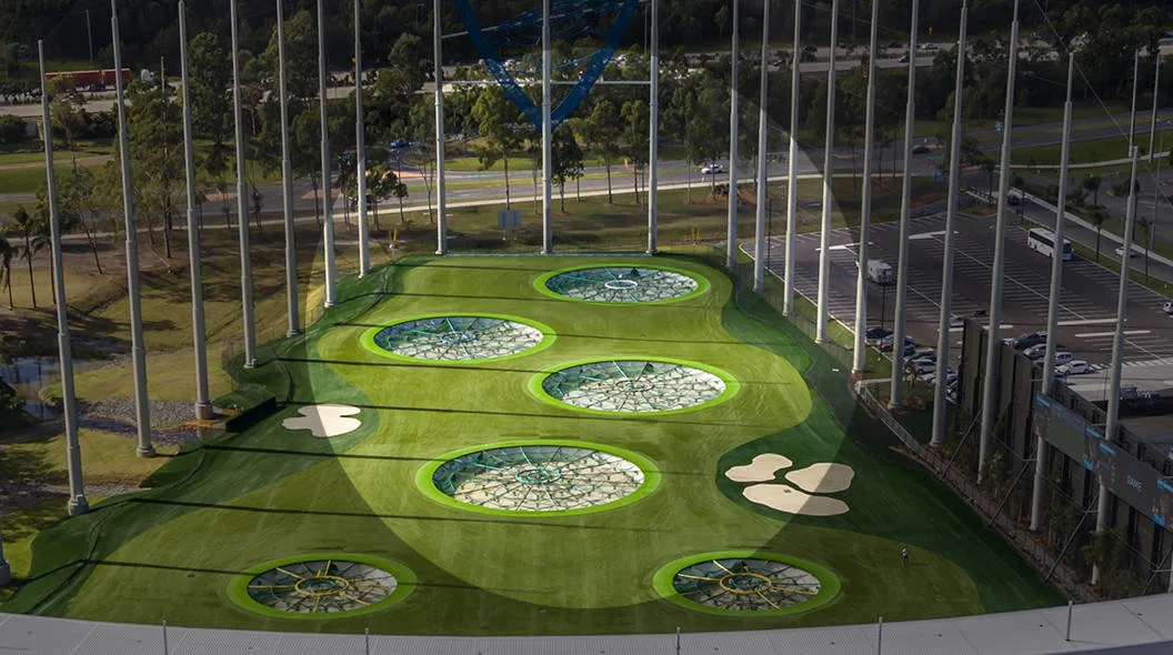 An aerial view of a Topgolf entertainment destination on the Gold Coast.