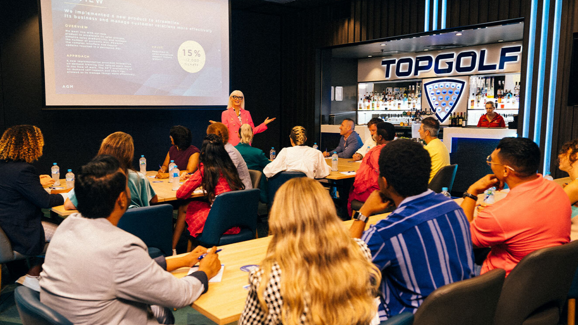 A group of people sit at tables in a meeting room at Topgolf, listening to a presenter standing near a large screen displaying a presentation. The atmosphere is professional and engaging.