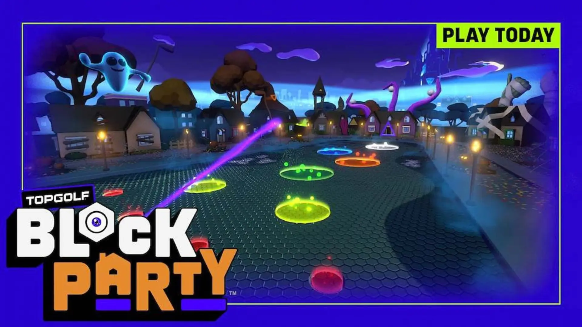 Topgolf Block Party game screen featuring glowing targets on a street-like course in a spooky, animated neighborhood setting.