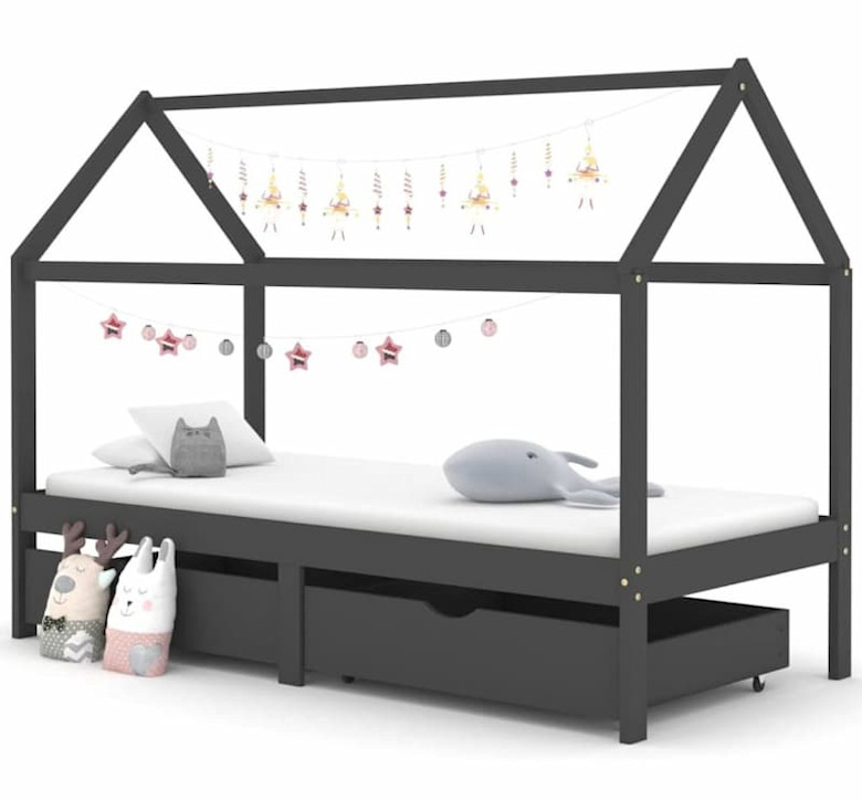 Sengeramme for barn - med skuffer – 90x200 cm - mørkegrå