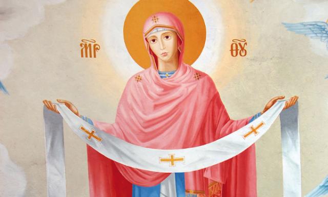Neuvaine pour la Paix - jour 1 - La Vierge tenant dans ses mains une étole blanche marquée de croix jaunes - peinture