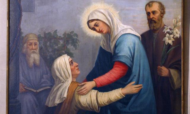 L'immaculée avec M Kolbe - jour 4 - La Visitaion. Elisabeth à genoux devant la Vierge Marie qui se penche pour la saluer. Peinture 
